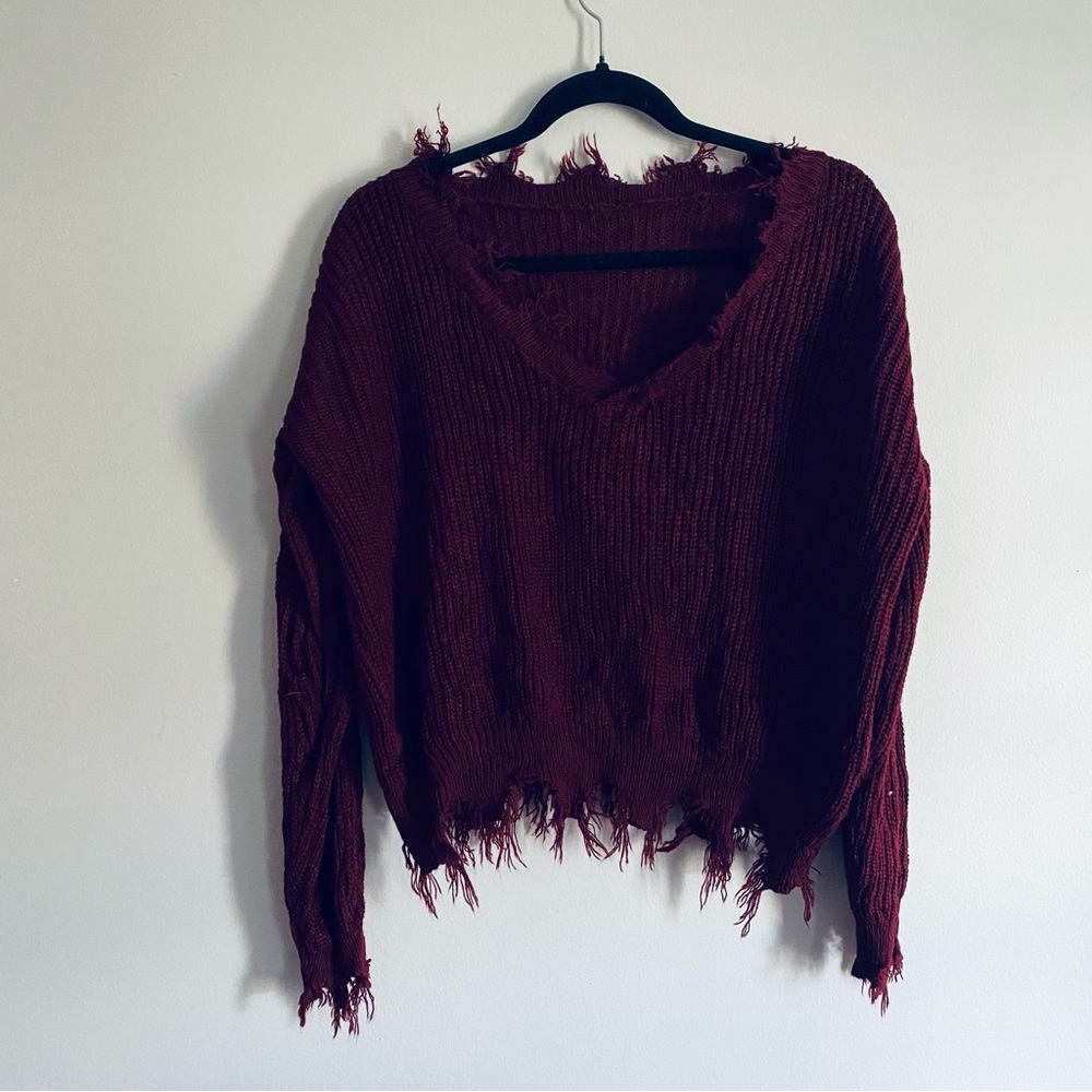 SHEIN Women's Maroon Red Destroyed Knit V Neck Sweater Plus Size 1XL